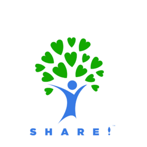 SHARE! logo a blue outline of a person bearing green heart leaves.