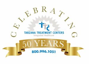 Tarzana Treatment Centers Logo with 50 year celebration banner and phone number 800.996.1051