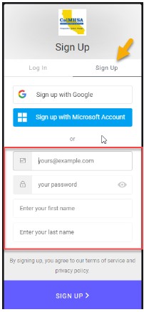 Sign up box with yellow arrow pointing to Sign Up, showing input boxes for email, password, first and last name, and SIGN UP button.