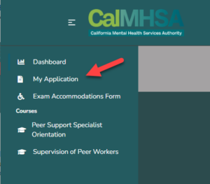 CalMHSA green dashboard with UI options, red arrow pointing at Application