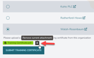 picture showing a x button to remove the training certificate