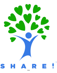 Share! Logo. Blue person tree trunk with green heart for leaves!