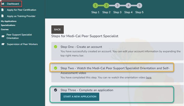 CMPSS Application Dashboard showing Step Two done and Step Three button showing.