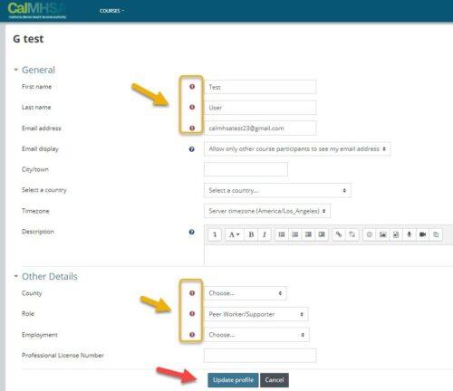 CalMHSA LMS system Registration Window showing required fields.