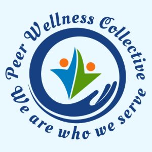 Peer Wellness Collective blue logo with the words We are who we serve.