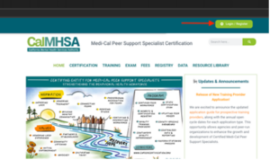 Peer Program website with arrow pointing to Login/Register button