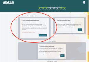 CalMHSA Dashboard with Start Renewal button