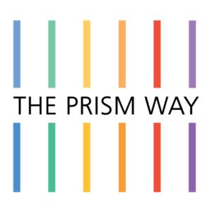 Logo is six vertical stripes, each one a color of the rainbow. In the center, black text reads "THE PRISM WAY".