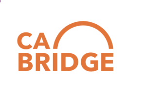 Logo reads in orange text "CA BRIDGE" in all uppercase lettering. "CA" is stacked on top of the word "bridge" with a curve starting at the "I" and ending at the "e" in "bridge". The curve is shaped like a bridge.