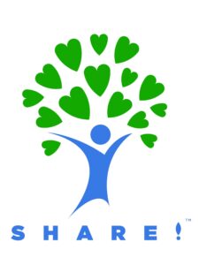SHARE! logo un contorno azul de una persona que lleva hojas de corazón verde.