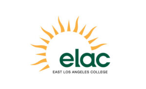 Green text reads "elac". The sun is depicted in a yellow outline, surrounding the acronym. Underneath reads "East Los Angeles College".