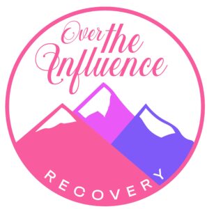 Circle with a pink outline and 3 mountains, each one pink, magenta, and purple, with "Over the Influence Recovery" written.