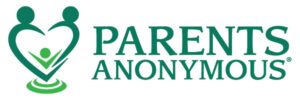 Parents Anonymous written in green text. Logo includes the depiction of two adults and a child hugging, forming the shape of a heart with their outlines.