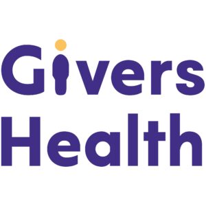 Givers Health logo. Purple text reads "Givers Health" with the "I" in "Givers" being the silhouette of a person. The body is the base of the "I", and the dot above is a yellow circle that represents the head.