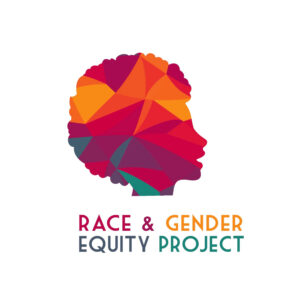 RAGE project logo. Profile silhouette of a person with textured hair with an open mouth. Colors are burgundy, orange, blue. and purple. Underneath reads "Race & Gender Equity Project"