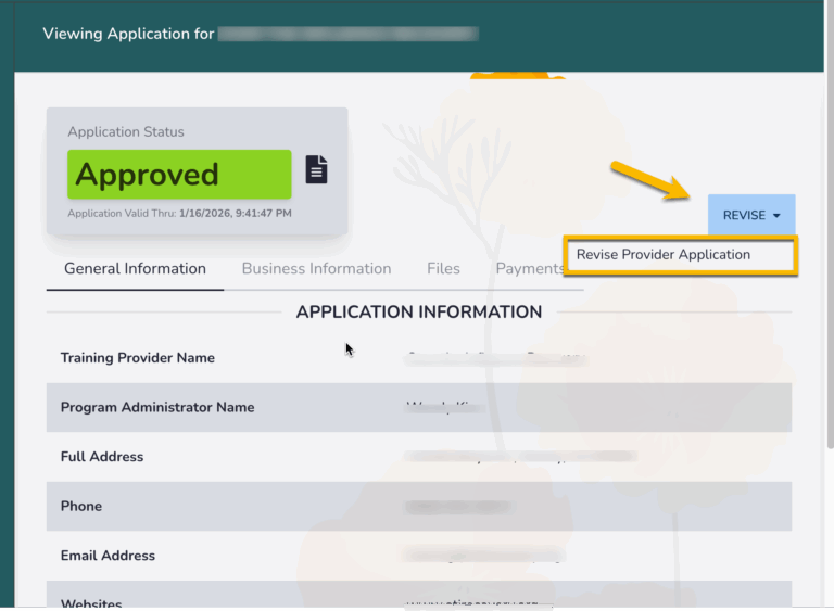 application shows with yellow arrow pointing to "REVISE" button with a drop-down highlighted in yellow box that reads "revise provider application"