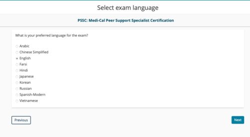 a screenshot reads "select exam language" and lists all available languages. 