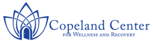 Logo for Copeland Center for Wellness and Recovery which includes name of agency and a depiction of a lotus flower that shows an open door, resembling a building.