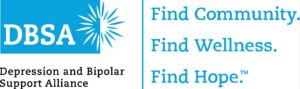 DBSA Logo includes blue and white colors. Black text reads "depression and bipolar support alliance". In blue text it reads "find community. find wellness. find hope."