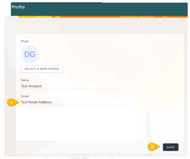 candidate profile screen. Shows profile photo, "select a new photo", Name, Email, and "save".