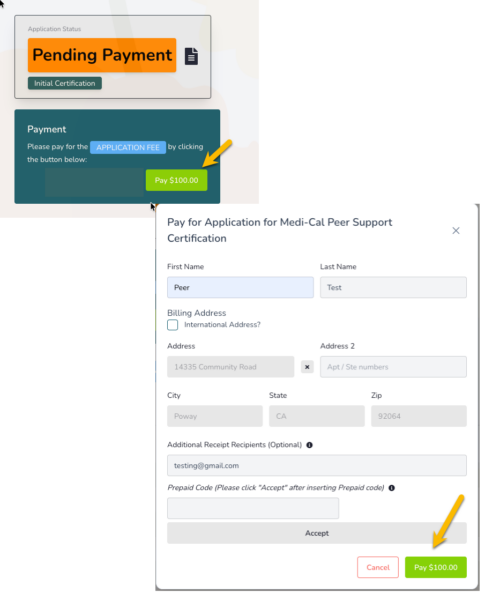 Application Fee payment screenshot.