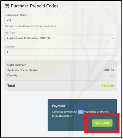 a screenshot of the payment box for purchasing prepaid codes.