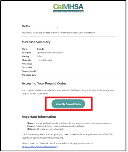 a screenshot of the email an individual receives confirming purchase of prepaid codes.