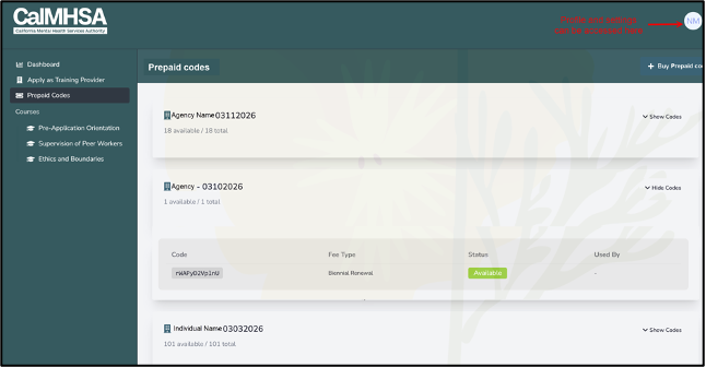 a screenshot of the portal dashboard showing prepaid codes.