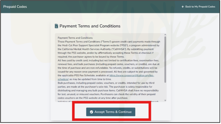 a screenshot of the terms and conditions for purchasing prepaid codes.