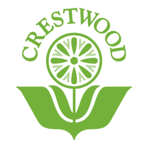 Green text above a flower reads "Crestwood"