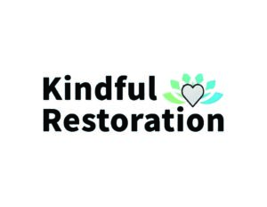 "Kindful Restoration" written in black text with a symbol of a heart in front of a lotus flower to the right side.