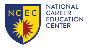 National Career Education Center logo. Image is of a shield that is the colors blue and yellow, with a sun in the center of the shield, and the letters "NCEC" across the top.