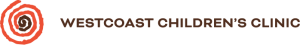 WestCoast Children's Clinic logo reads the organization name in brown text. The letters are all uppercase in text. To the left of the organization name, there is an image of a spiral in the colors red and brown.